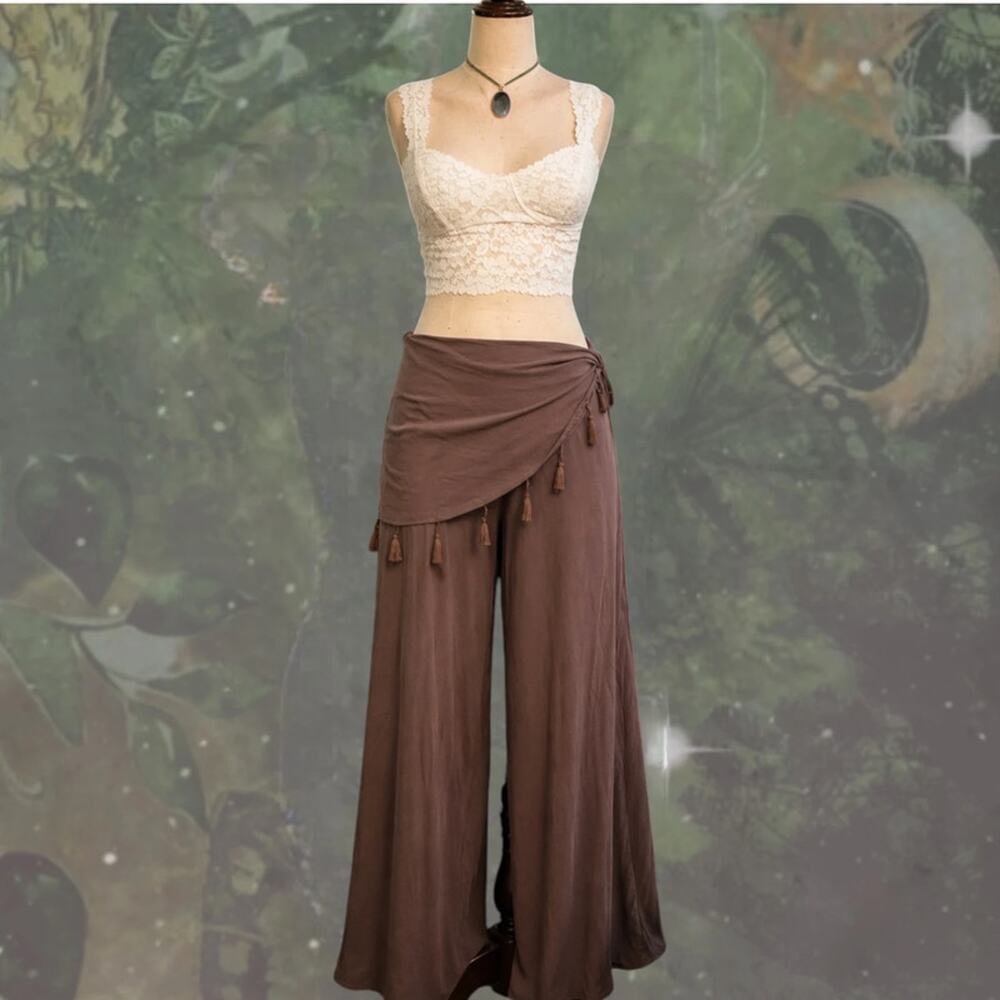 Brown Palazzo Pants Wrap Skirt Tassels Boho Fairy Whimsigoth XL